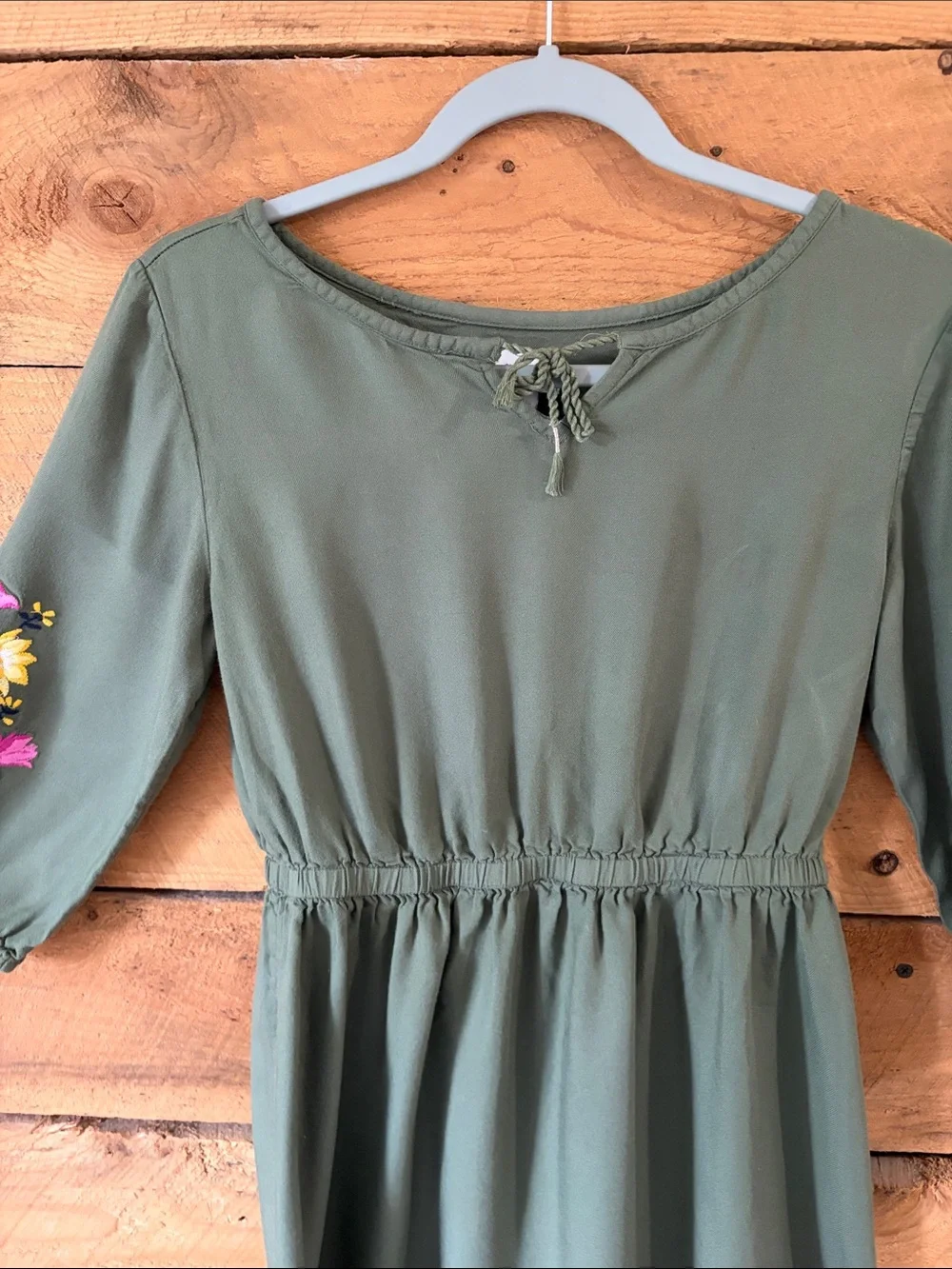 Old Navy Olive Green Dress with Pink and Yellow Floral Embroidery